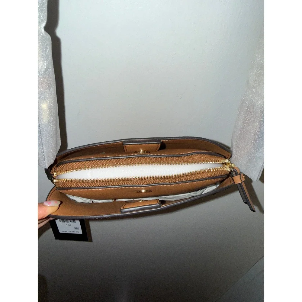 NWT Halston Quincy Brown Monogram Crossbody Bag Webbed Strap Messenger New